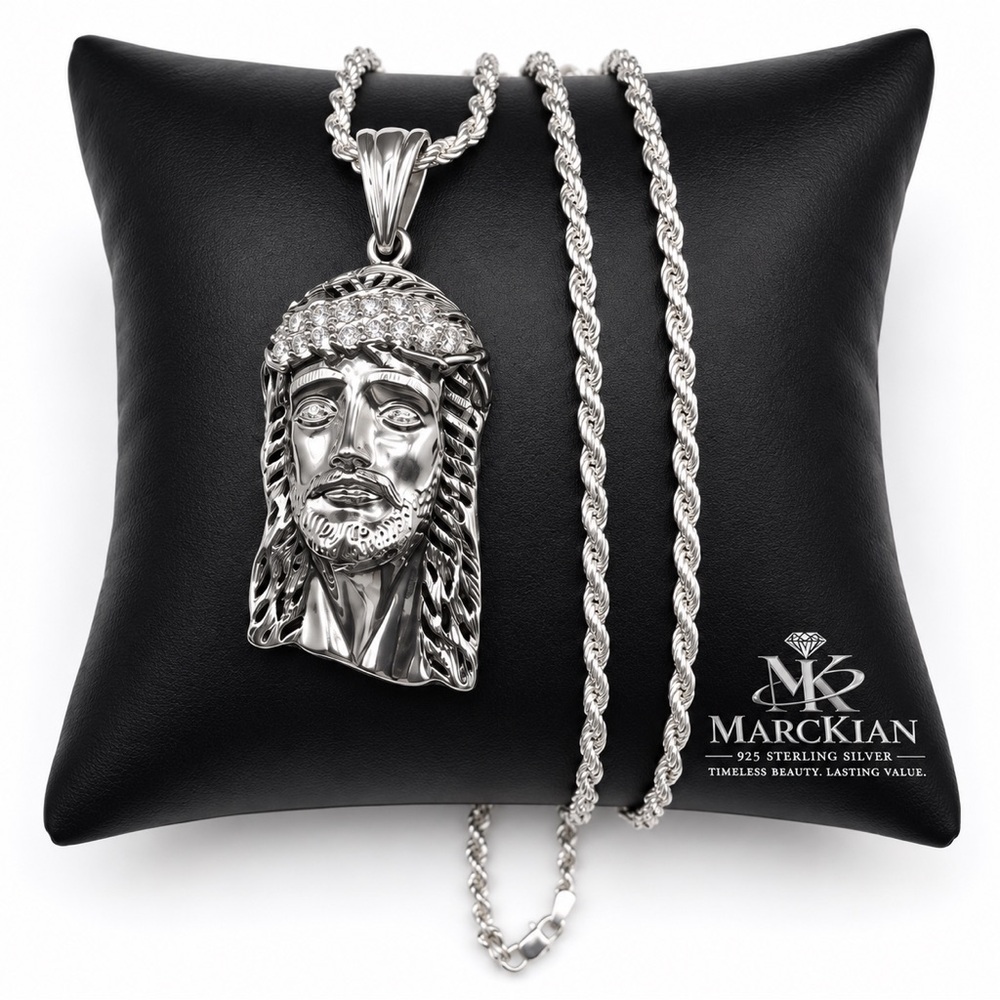 925 Sterling Silver 1.46CTW MOISSANITE Jesus Pendant Rope Chain Necklace Size 22